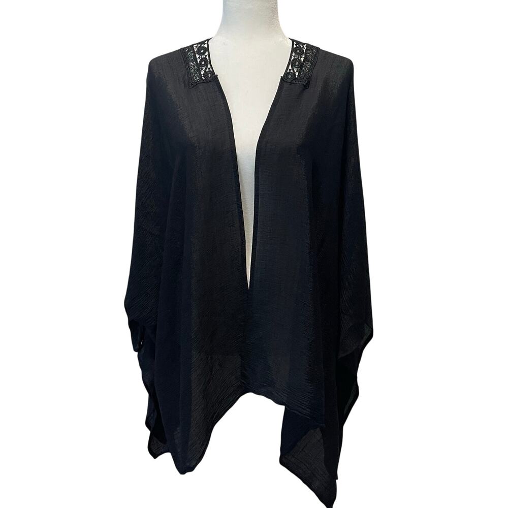 Lane Bryant Kimono Topper Cover Up One Size Black Crochet Lace Inset Whimsigoth